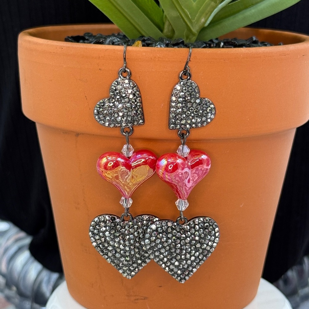 👑Adorned Crown Jewelry silver and red heart sparkle Valentine's Day earrings
